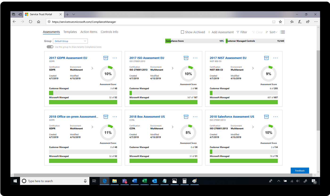 Screenshot of assessments in the Service Trust Portal.