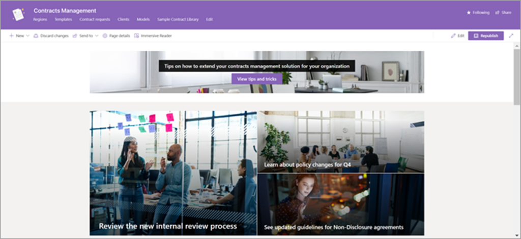 SharePoint Syntex Contracts Management solution page view.