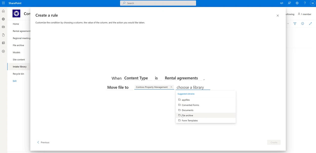 Rule creation for file movement based on parameters of content type, showing Rental Agreements moving to Contoso Property Management file archive folder.