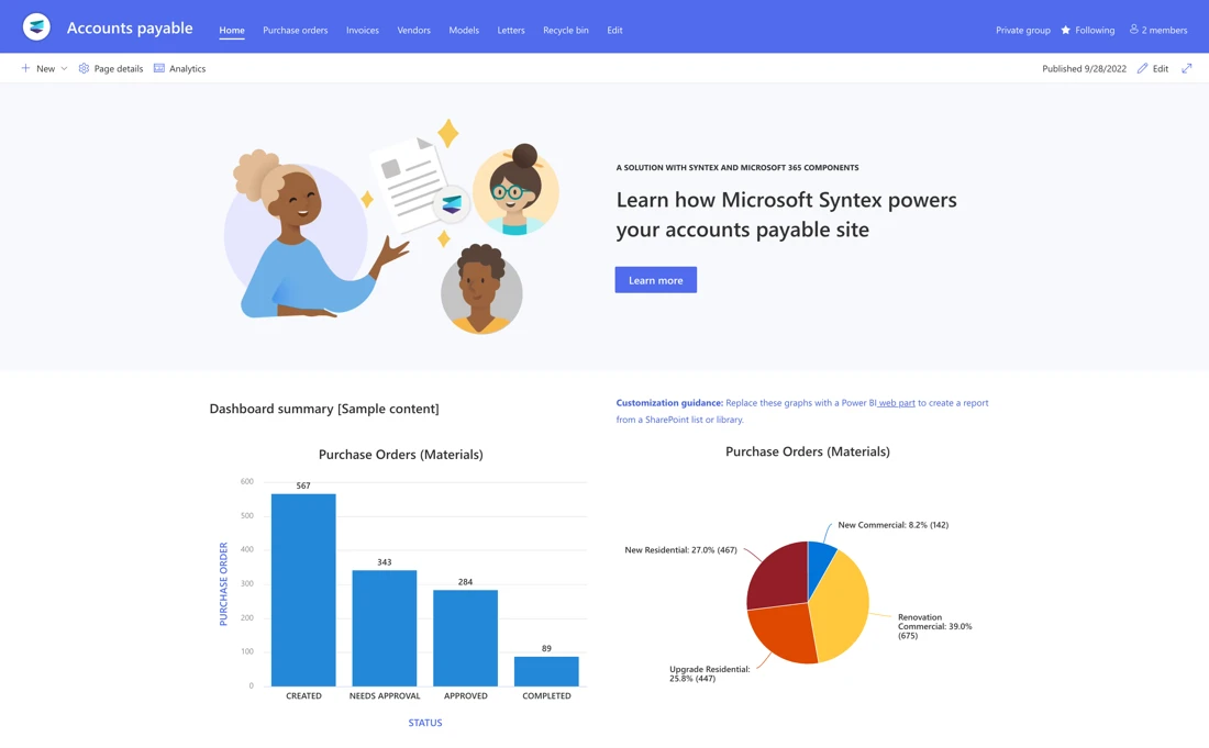 A Syntex solution accelerator for Accounts Payable, showing a dashboard including a bar graph and pie chart for Purchase Orders.