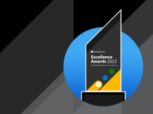 Graphic showing an illustrated trophy highlighting the Microsoft Intelligent Security Association's 2023 Excellence Awards winners.