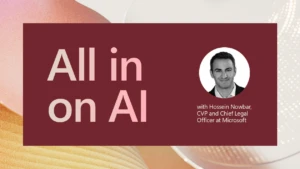 A decorative image that has the name of the blog series, All in on AI, and Hossein Nowbar's headshot