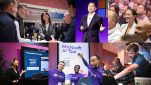 A collage of six photos of people at a Microsoft AI Tour event.