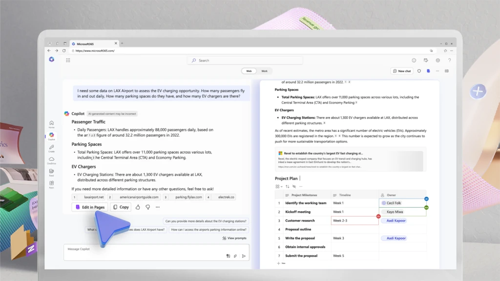 Product screen showing the Copilot Pages interface and collaboration between users in the Microsoft 365 Copilot web experience. The image background shows a dynamic visual of the Microsoft 365 app icons.