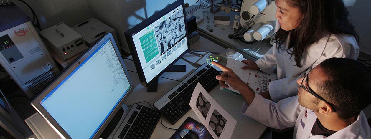 Two scientists working at a computer screen in a laboratory.