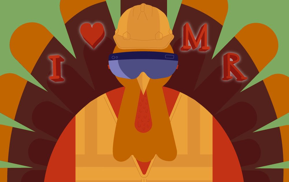 Illustration of turkey wearing virtual reality headset.