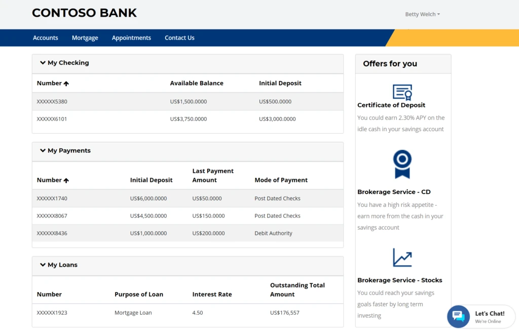 Product screenshot previewing a banking customer dashboard of accounts, payments, and loans