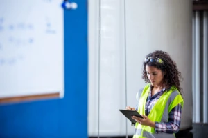 Female worker wearing neon vest and safety glasses using tablet.