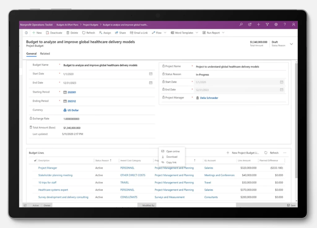 a screenshot of budget to analyze global healthcare