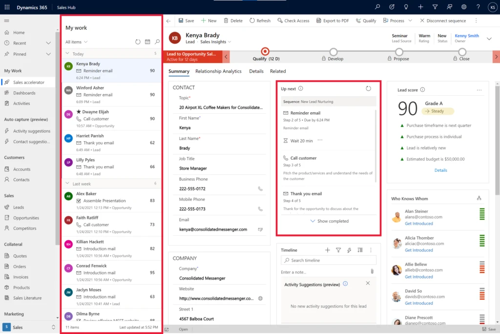 Screenshot showing sales accelerator in Dynamics 365 Sales