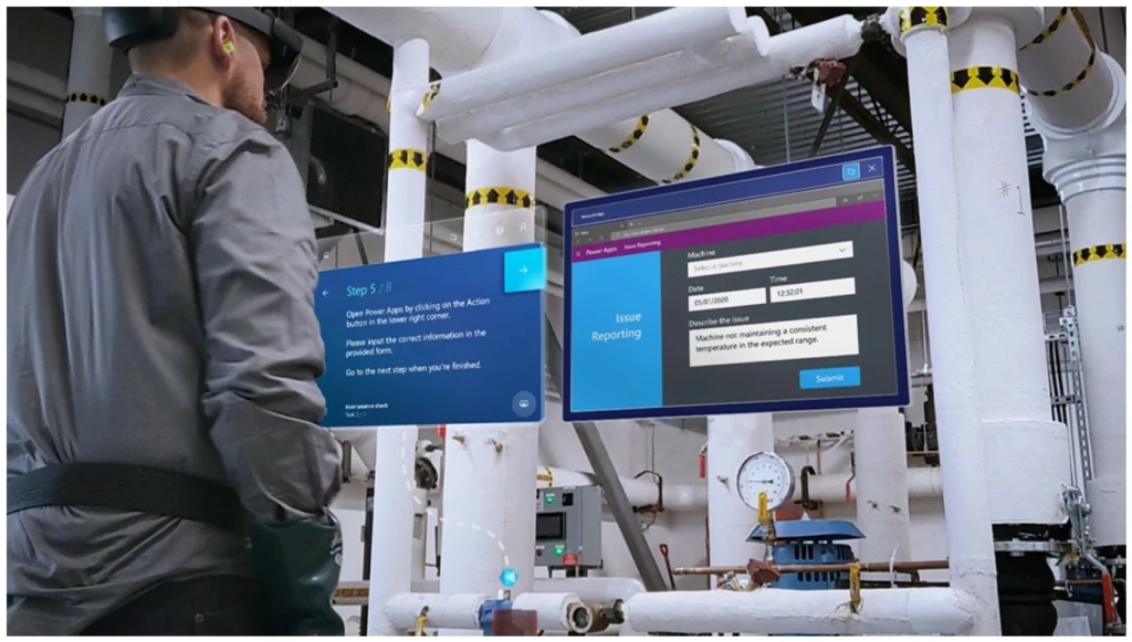 Operator views issue report in Power Apps and Guides on HoloLens device.