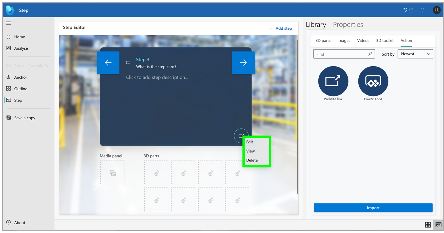 Guide that shows a step card where you can view, edit, or delete the link, right-click the Website link button in the Step Editor pane, and then select the appropriate command.