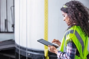 Female worker wearing neon vest and safety glasses using tablet. Industrial vats visible in background.