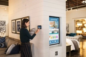Female employee standing on home furnishings sales floor in commercial retail store, holding a pillow and using a wall tablet.