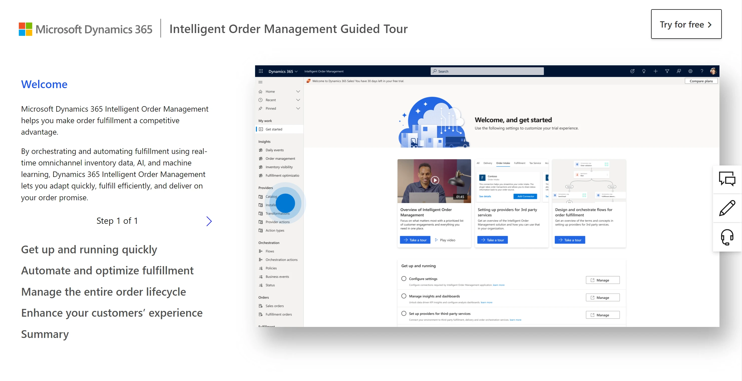 View of one of the steps of Dynamics 365 Intelligent Order Management guided tour.