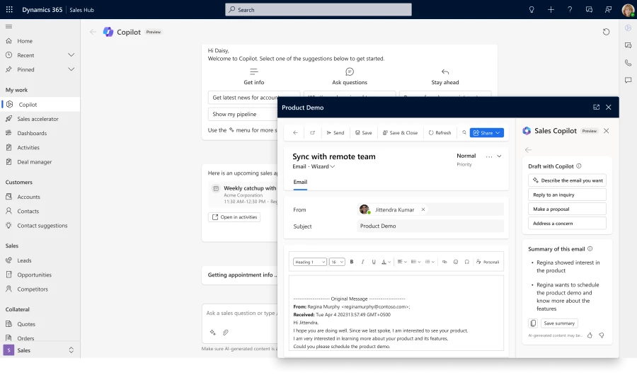 Close-up of opportunity summarization in Sales Copilot.