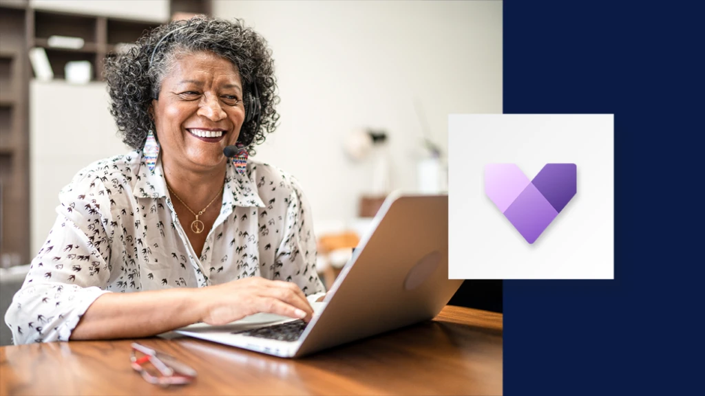 Microsoft Dynamics 356 Customer Service icon next to a customer service agent on her laptop