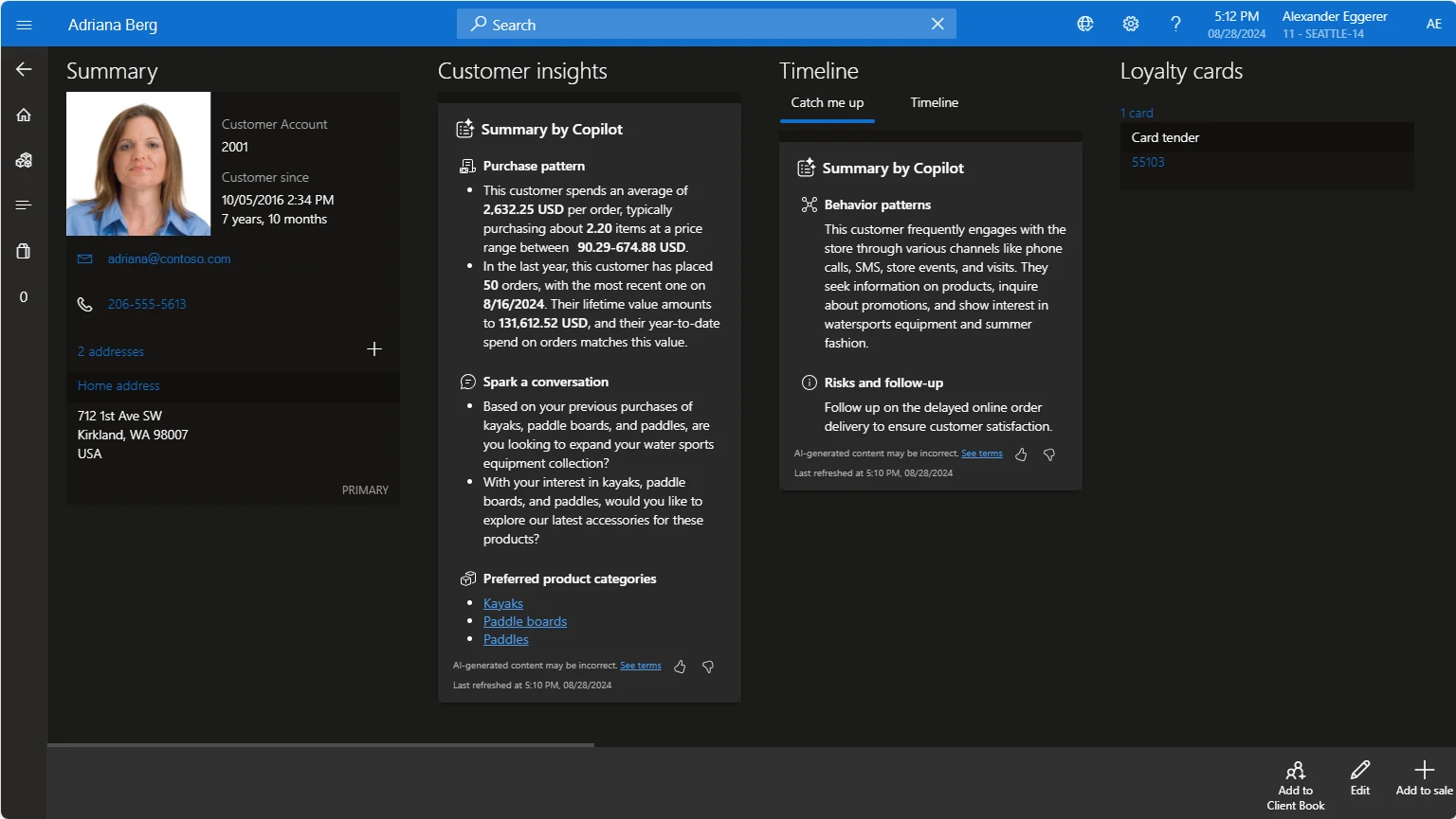 Screenshot of Copilot customer insights in Dynamics 365 Commerce.