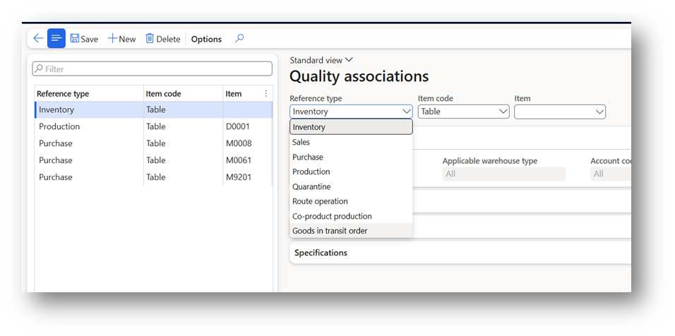 View of Quality Control menu in Dynamics 365