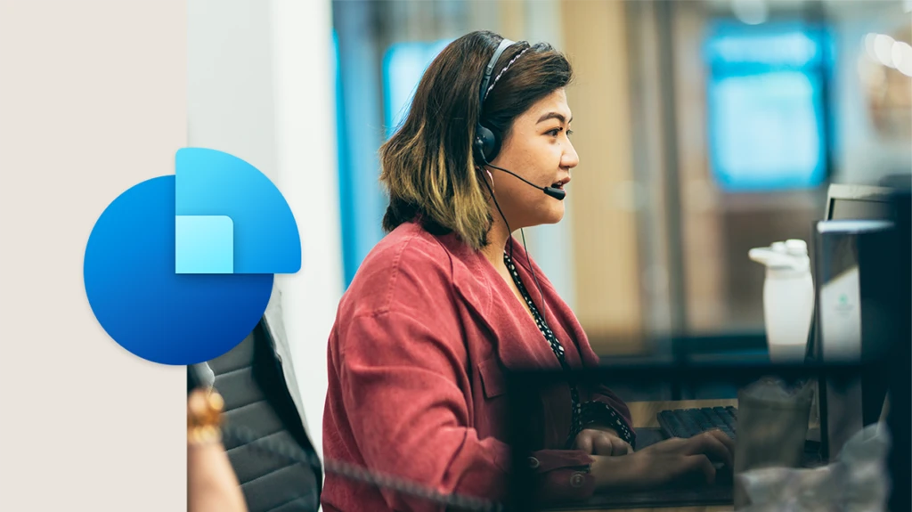 Customer service representative wearing a headset, assists a customer. The Dynamics 365 Sales icon is overlaid on the left side of the image.