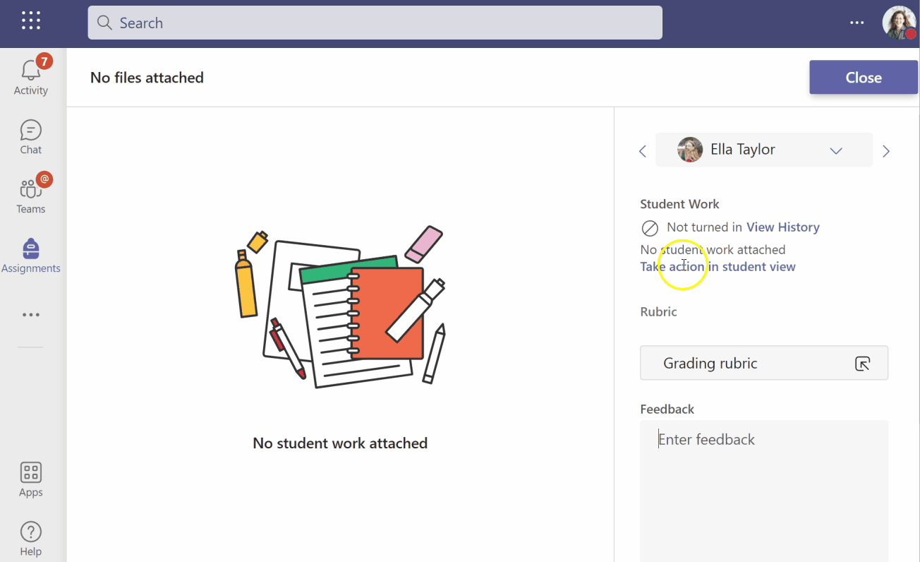 Walkthrough of the Microsoft Teams feedback portal: A teacher navigates, turns in, and uploads a document using the assignments grading tool on behalf of their student.