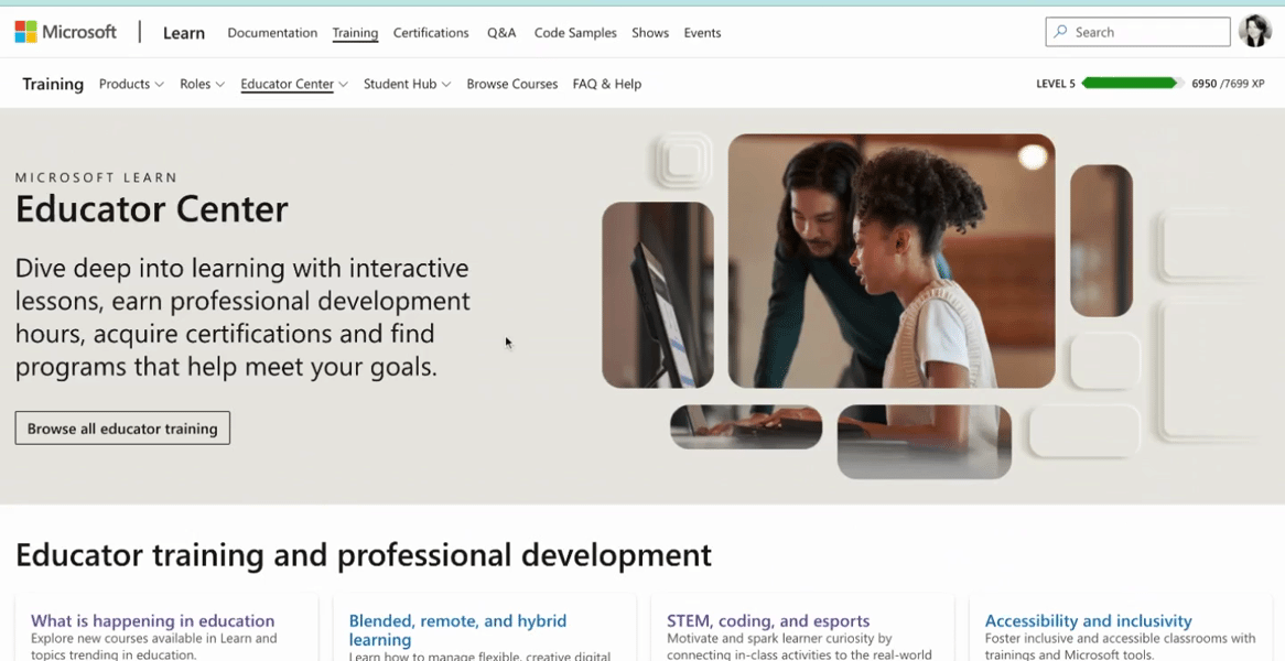 Microsoft Learn Educator Center, featuring sections on educator training and professional development, including STEM, coding, and esports courses.