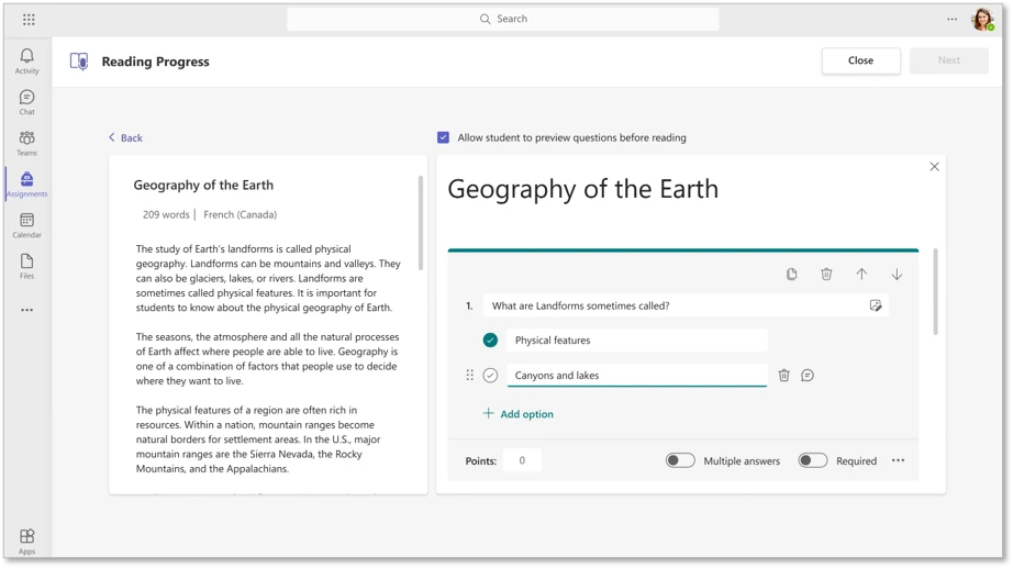 Steps for generating reading comprehension questions with Reading Progress in Microsoft Teams for Education.