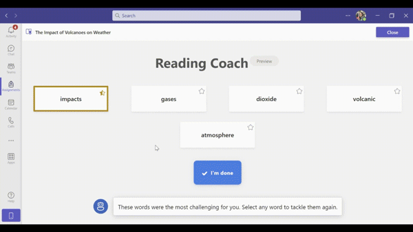 screen recording of a challenge word practice in Reading Coach