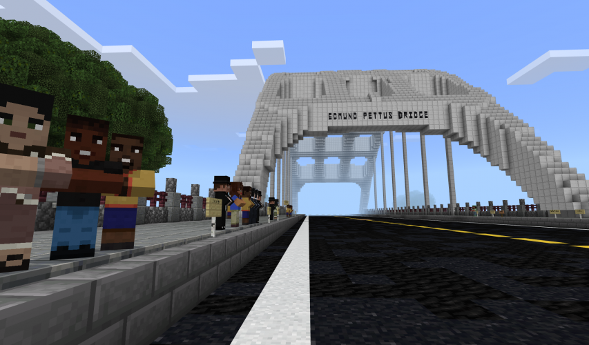 A crowd gathers alongside the Edmund Pettus Bridge in Minecraft: Education Edition