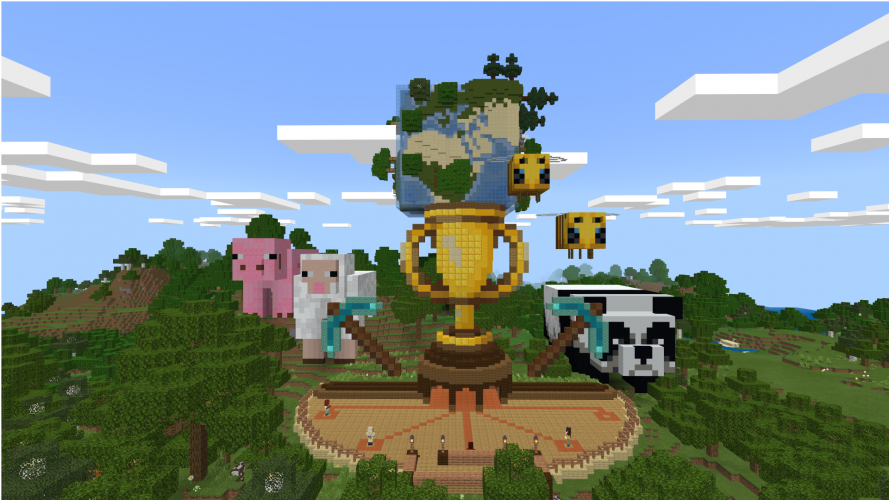 Giant statues of a pig, a sheep, a trophy, a cube-shaped globe, bees, an a panda in Minecraft: Education Edition