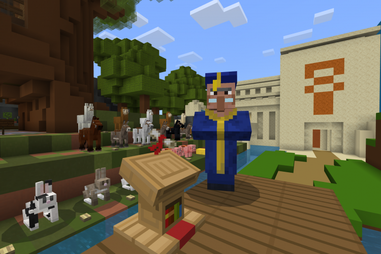 A character in academic robes stands next to a podium with a diploma in front of a crowd of animals in Minecraft: Education Edition
