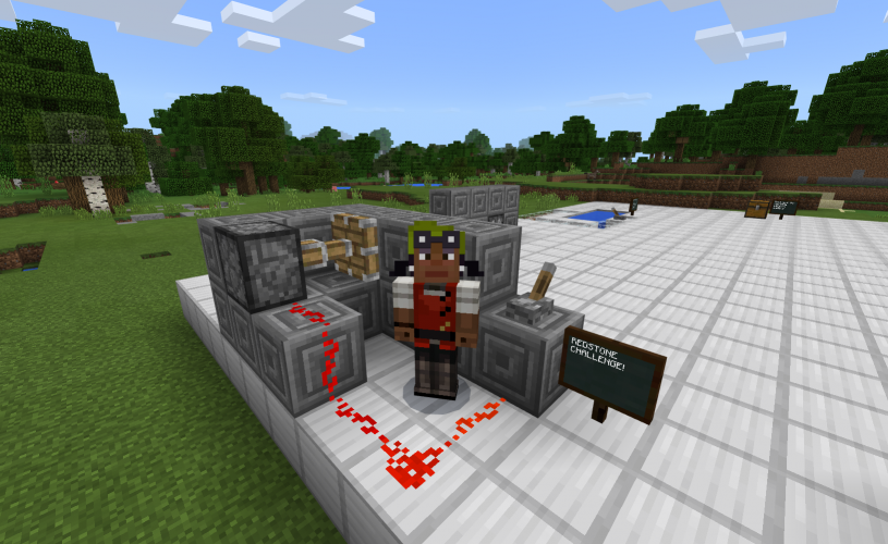 An inventor stands in front of a contraption featuring Redstone and a lever in Minecraft: Education Edition