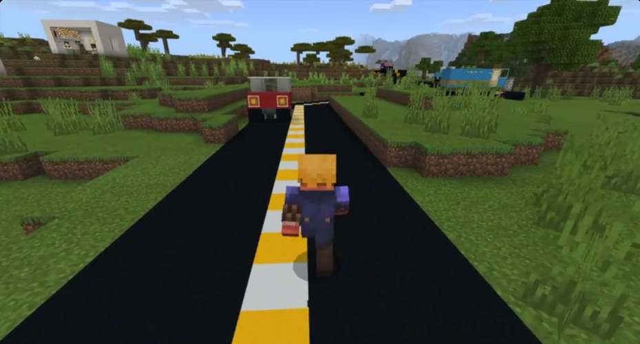 Terry Fox runs down a road in Minecraft: Education Edition