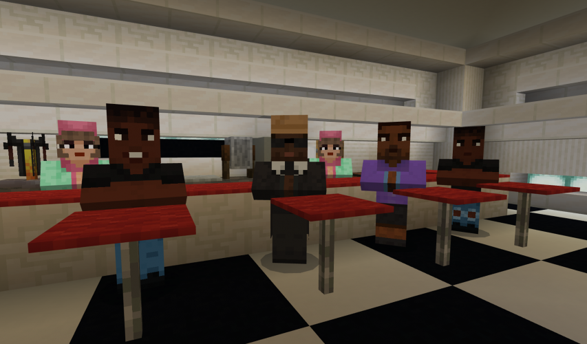A group of Black activists sit at lunch tables in a diner in Minecraft: Education Edition