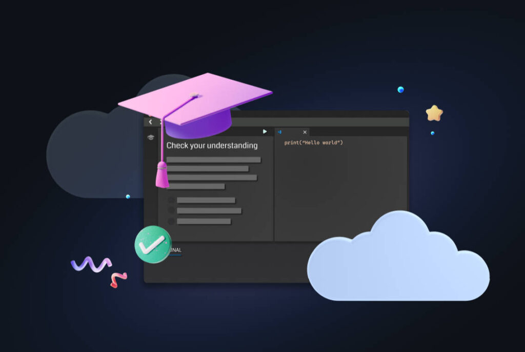 Graphic depicting a terminal with a graduation cap overlay and a cloud icon.