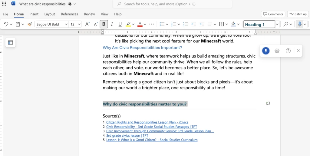 A Word document displaying text that can be read aloud using Diction in Microsoft 365.