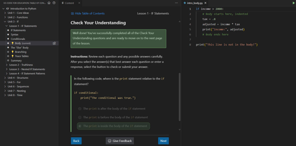 Visual Studio Code for Education showing an interactive assessment.