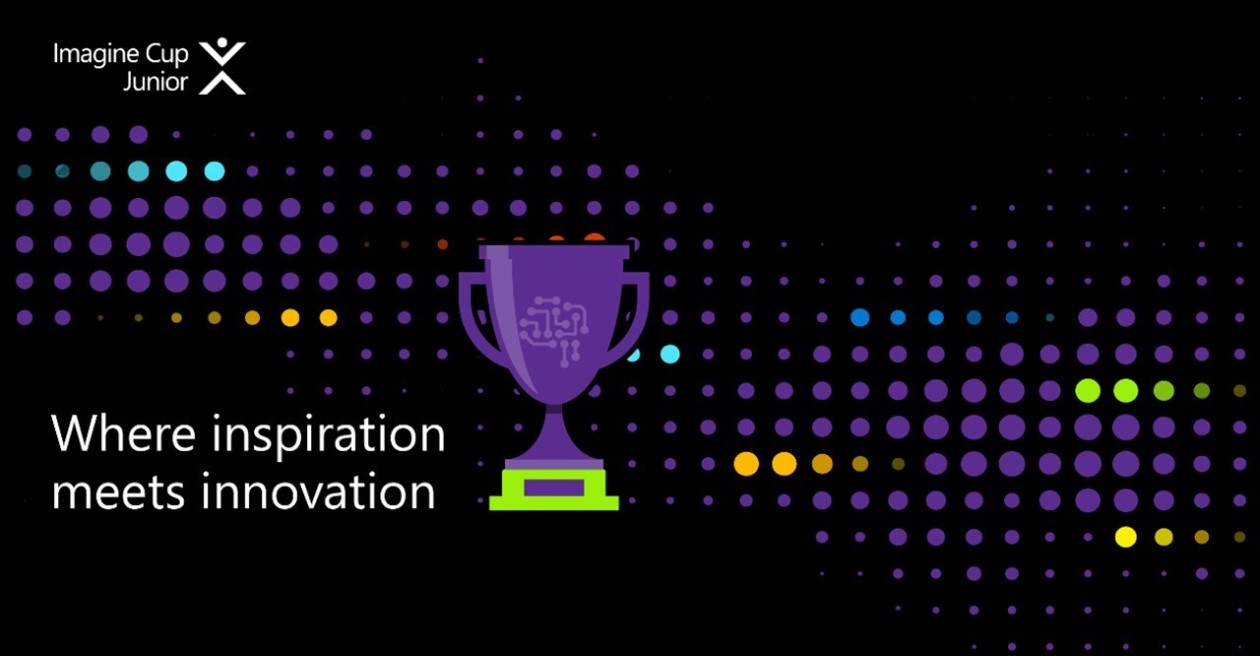 Decorative. A graphic showing a purple trophy with a smattering of dots behind it. It says Imagine Cup Junior in the upper left corner and Where inspiration meets innovation in the bottom left corner.