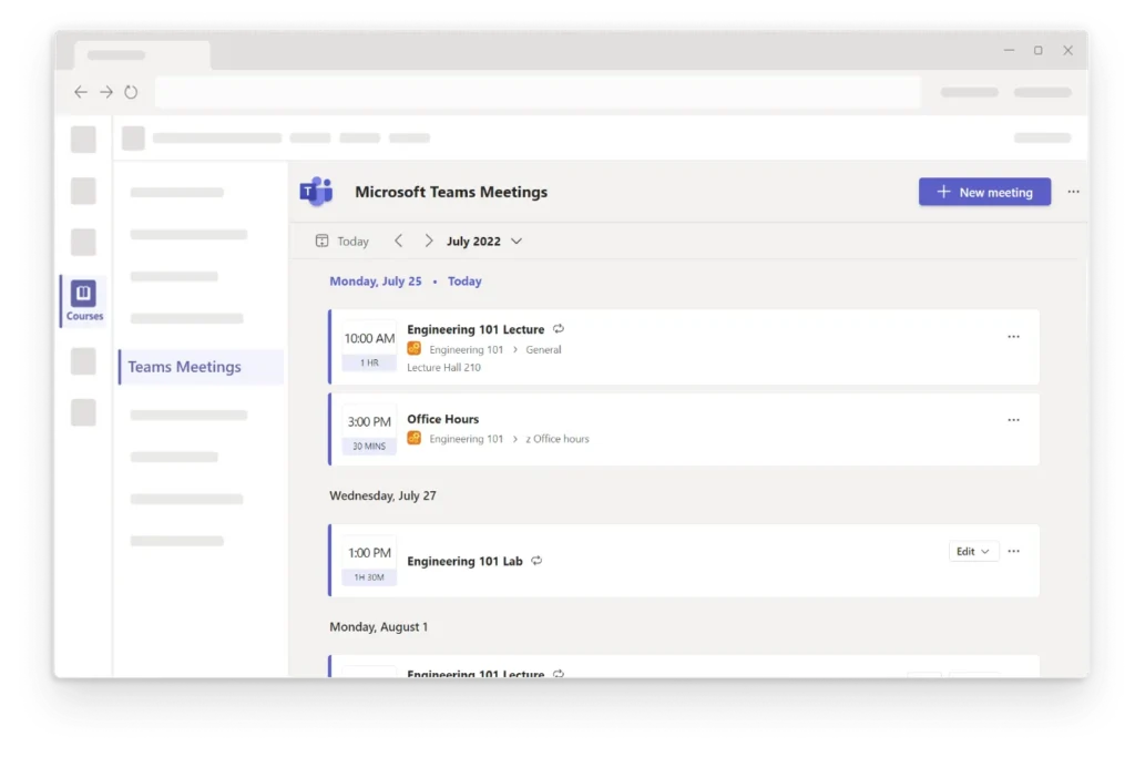 Microsoft Teams Meetings interface, showing upcoming meetings for the week.