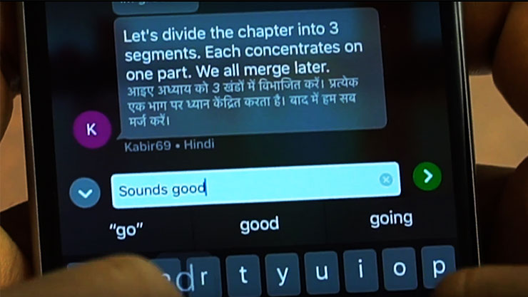 A phone screen displaying real-time translations during texting.