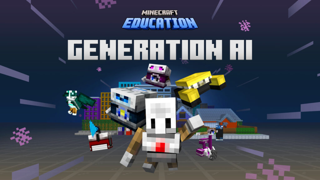 Graphic with Minecraft characters and the text 'Generation AI Minecraft Education' over them.