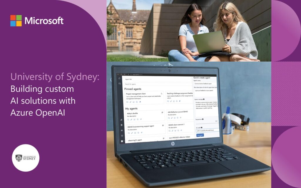 An open laptop on a table in a school classroom. There’s a picture of two female college students working on another laptop together while sitting in a university garden. The image is framed by magenta and purple graphics and includes the Microsoft logo and the University of Sydney logo.