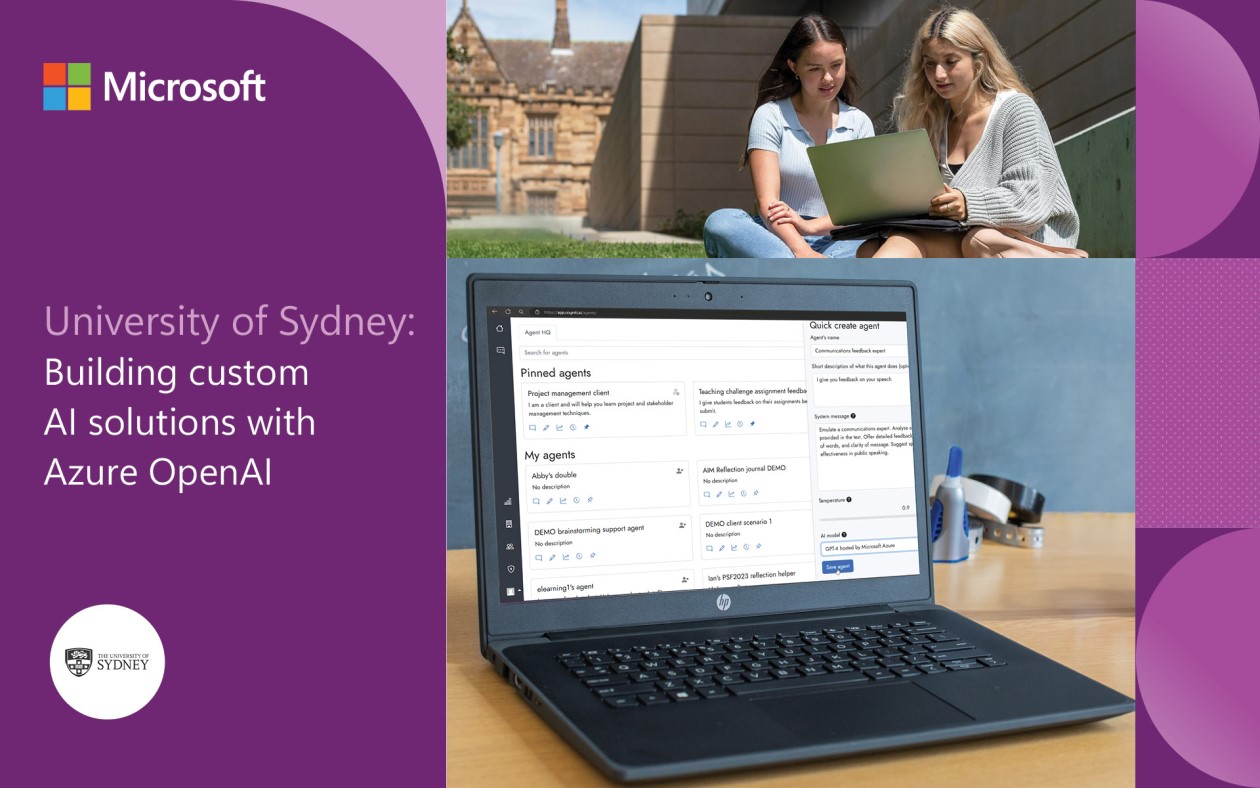 An open laptop on a table in a school classroom. There’s a picture of two female college students working on another laptop together while sitting in a university garden. The image is framed by magenta and purple graphics and includes the Microsoft logo and the University of Sydney logo.