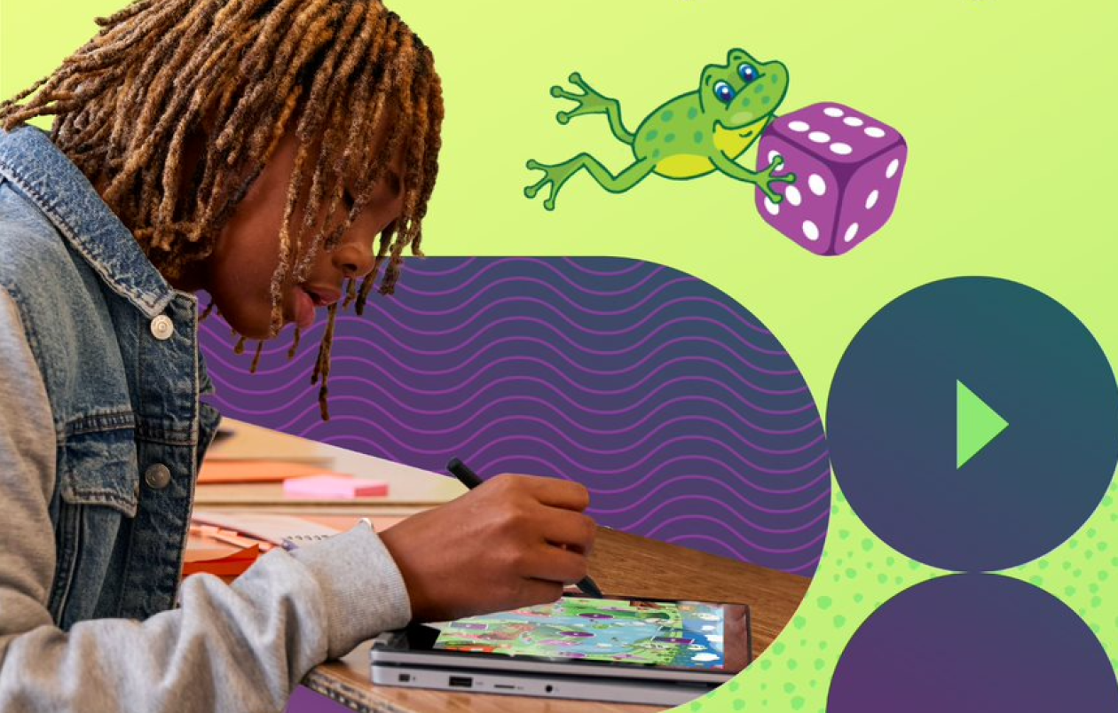 Decorative. An early-teenage student using a digital pen to work on a laptop. The photo is framed by purple, teal, and light green graphic designs, including a leaping frog holding a dice.