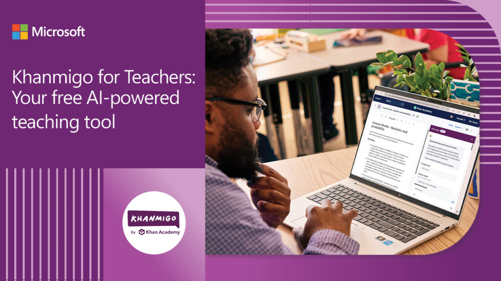 A male educator sitting at a desk in a school classroom and working on a laptop. The picture is framed by purple graphic elements, the Microsoft Logo, and the Khanmigo logo.