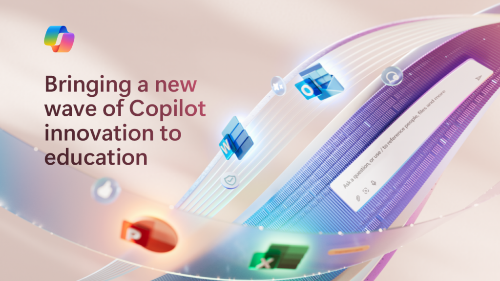Decorative. A graphic showing Microsoft 365 app icons and Copilot U I flowing together within an abstract ribbon.