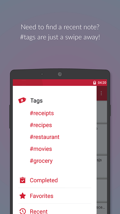 Screenshot of Tags filters with text: Need to find a recent note? #tags are just a swipe away!