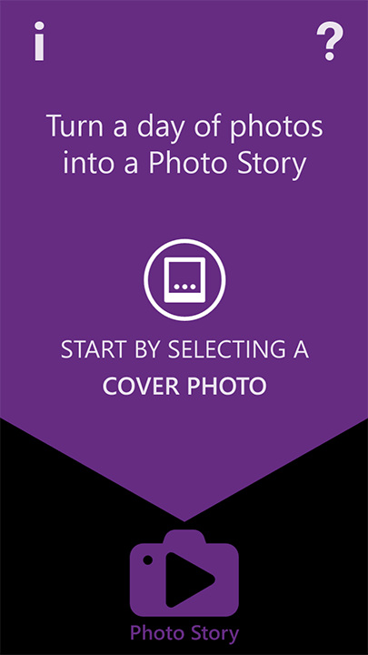 Text: Turn a day of photos into a Photo Story. Start by selecting a cover photo