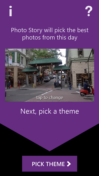 Screenshot includes a photo with Text: Photo Story will pick the best photos from this day. Next, pick a theme.