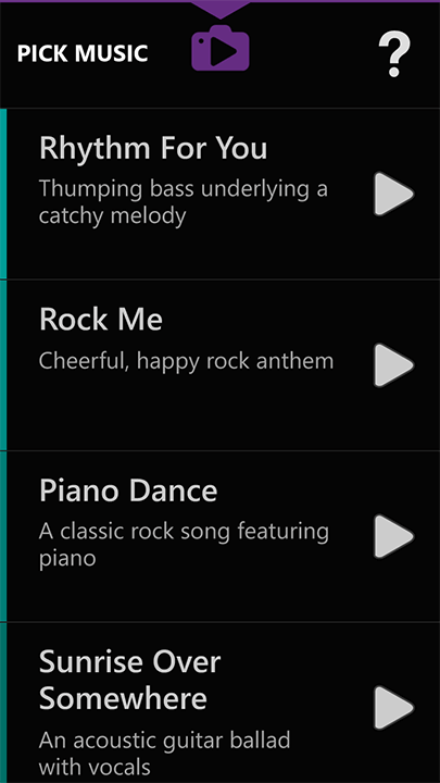 Pick Music screenshot showing options such as Rhythm for You, Rock Me, Piano Dance, Sunrise Over Somewhere